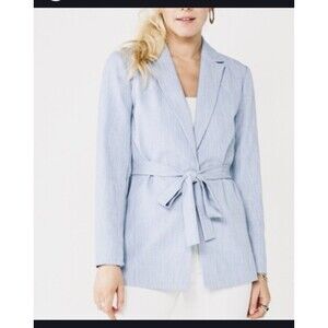 Nine West One Bottom Wrap Belted Blazer Jacket Blue White Sz Small